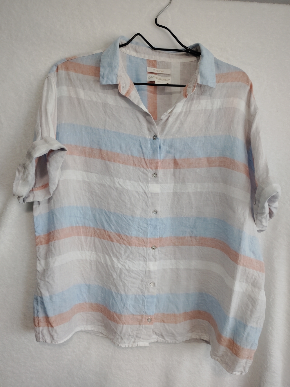 Cynthia Rowley Striped Button Down Blouse  100% Linen, Coastal, Summer, Large